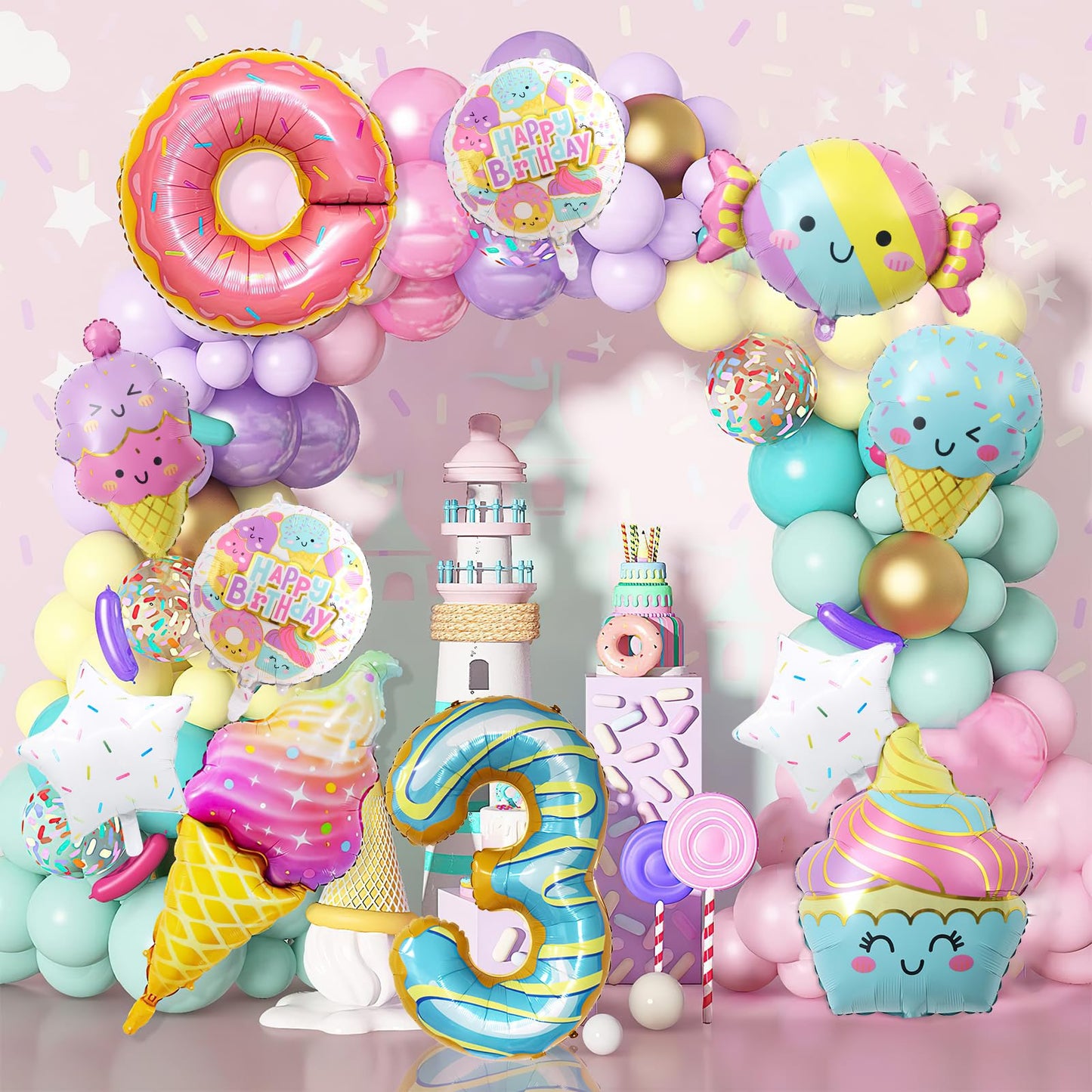 10Pcs Ice Cream Balloons, Donut Candy Birthday Number Mylar Foil Balloon Ice Cream Theme 3rd Birthday Party Supplies Decorations