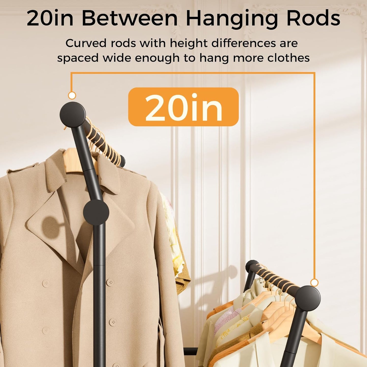 Skiennix Double Rods Clothes Rack - Portable Rolling Garment Rack with Hooks & Mesh Shelf | Black