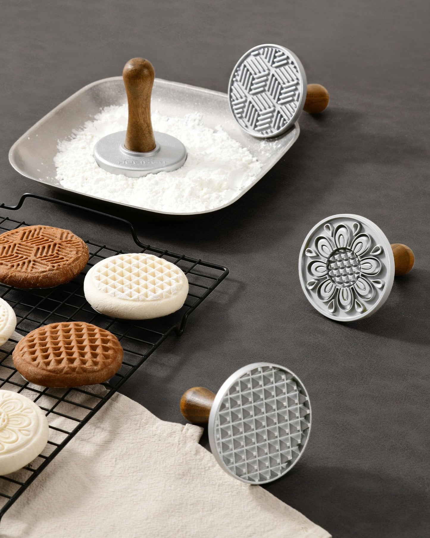 HULISEN Cookie Stamps Set of 4, Metal Cookie Press Mold with Wooden Handle, Decorating Supplies for DIY Baking, Cake, Pastry, Easy to Use, Gift Package