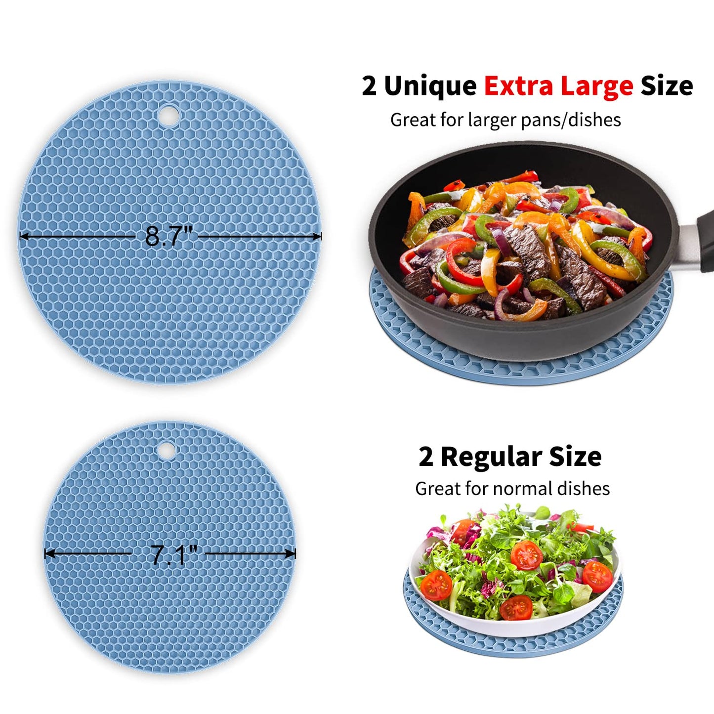 Silicone Trivet Mats - Walfos Heat Resistant Pot Holders Set, 4pcs 2 Sizes 7 Inch & 9 Inch, Multipurpose Non-Slip Hot Pads for Hot Pot, Hot Dishers, Jar Opener, Food Grade & BPA Free (Nordic Blue)