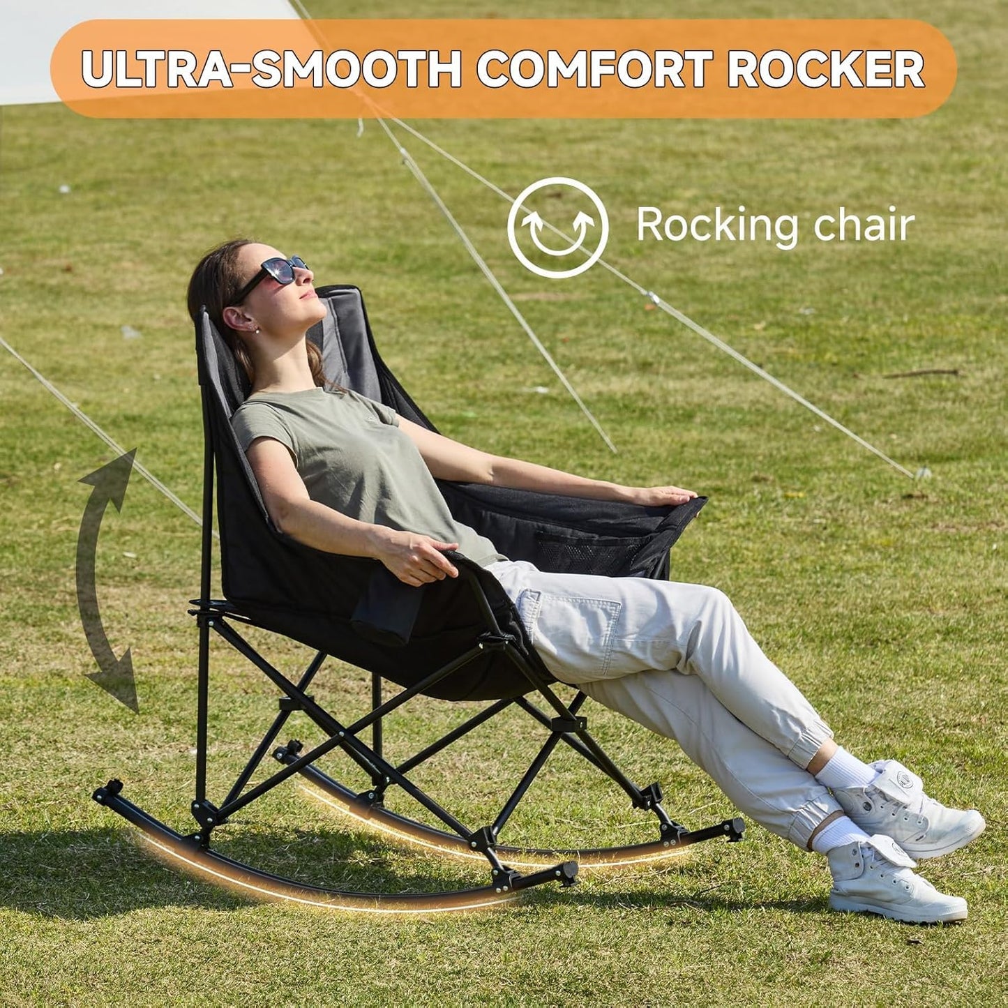 Youtanic Oversized Folding Rocking Camping Chair - Padded Portable Design with Cup Holder & Pockets | Heavy Duty Up to 400lbs, Gray