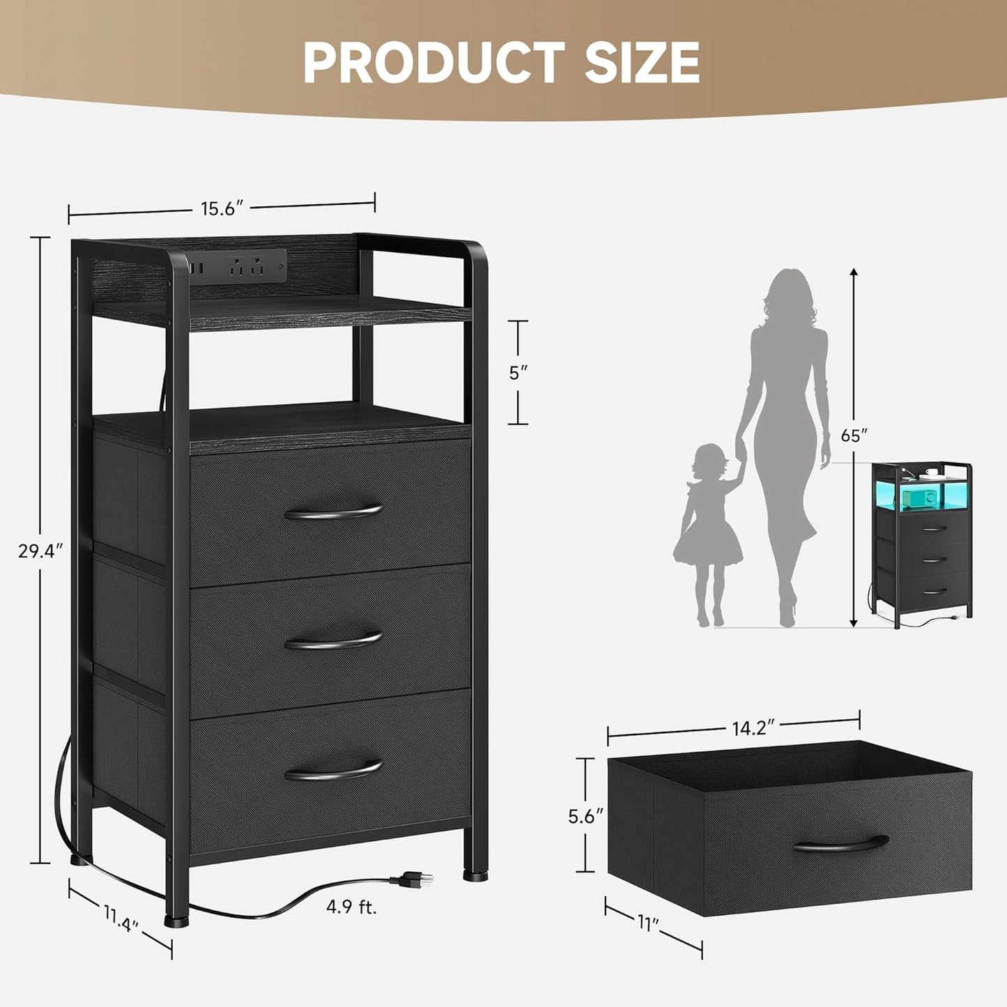 Lazzanto Night Stand | Modern Bedside Charger with LED Light Strip & Storage Drawers - USB Ports & AC Outlets