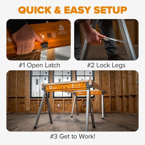 BORA Workhorse Saw Horses - Heavy Duty Folding Metal Sawhorses with Built-In Bottle Opener | 2-Pack