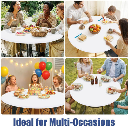 Moosfor Round Spandex Tablecloth, Elastic Fitted Waterproof Tablecloths for 51"-62" Tables, Stretch Washable Picnic Table Cover for Camping, Dining, Indoor and Outdoor, White