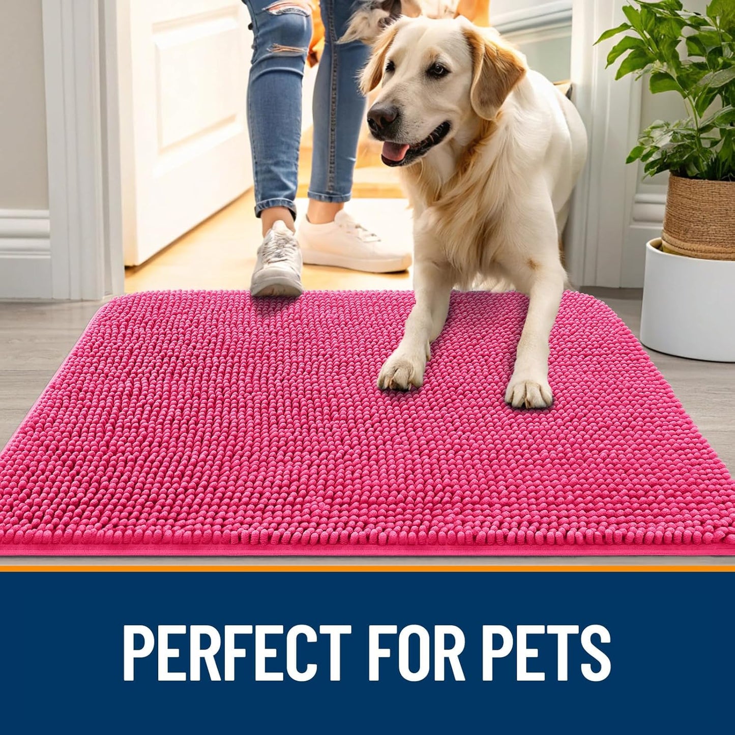 OLANLY Dog Door Mat - Absorbent Non-Slip Washable Doormat for Muddy Paws | 47x17 Hot Pink