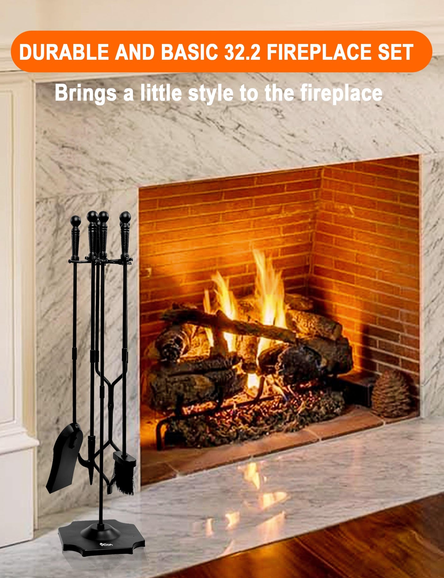 VODA Fireplace Tools Set 5 Pieces 31.5In Cast Iron Indoor Fireside Accessories Large Fire Place Tool Set Outdoor Holder Fire Kit Stand Wood Stove Log Shovel Brush Tong and Fireplace Poker