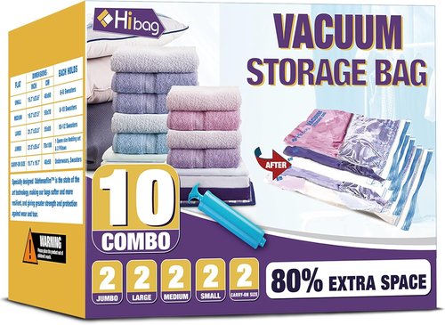 HIBAG Vacuum Storage Bags - 10-Pack Space Saver Bags for Clothing | Includes 2 Jumbo, 2 Large, 2 Medium, 2 Small, 2 Roll-Up with Pump