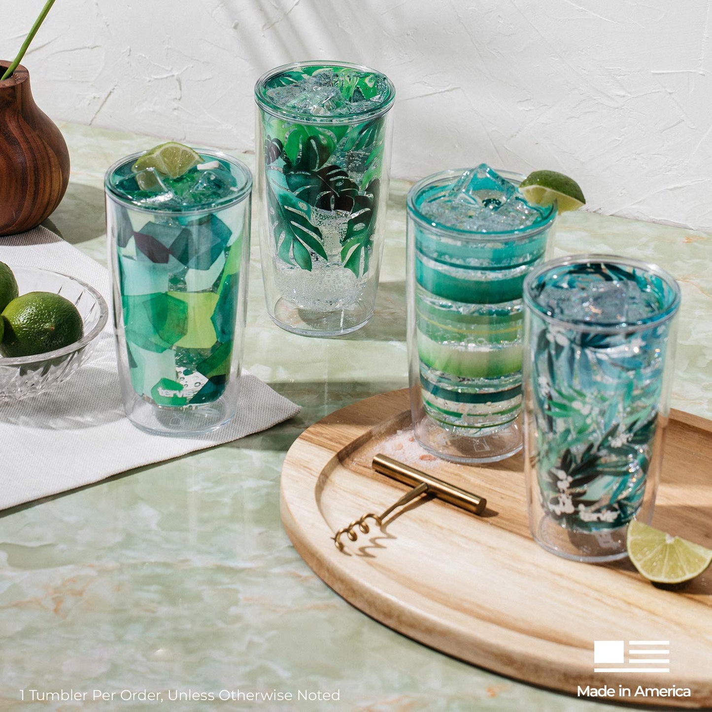 Tervis Yao Cheng Green Crystal Made in USA Double Walled Insulated Tumbler Travel Cup Keeps Drinks Cold & Hot, 16oz 4pk, Green Blue Stripe