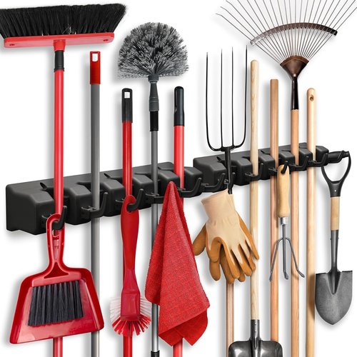 Garage Storage Organizer | 2 Pack Mop and Broom Holder by [Brand Name] - 5 Slots, 6 Hooks, 7.5lbs Capacity - Perfect for Home, Kitchen, Closet, Laundry Room