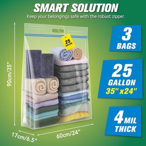 HIBAG Jumbo Storage Bags - 25 Gallon Resealable Clear Bags with Handle | Extra Large Heavy Duty, Pack of 3