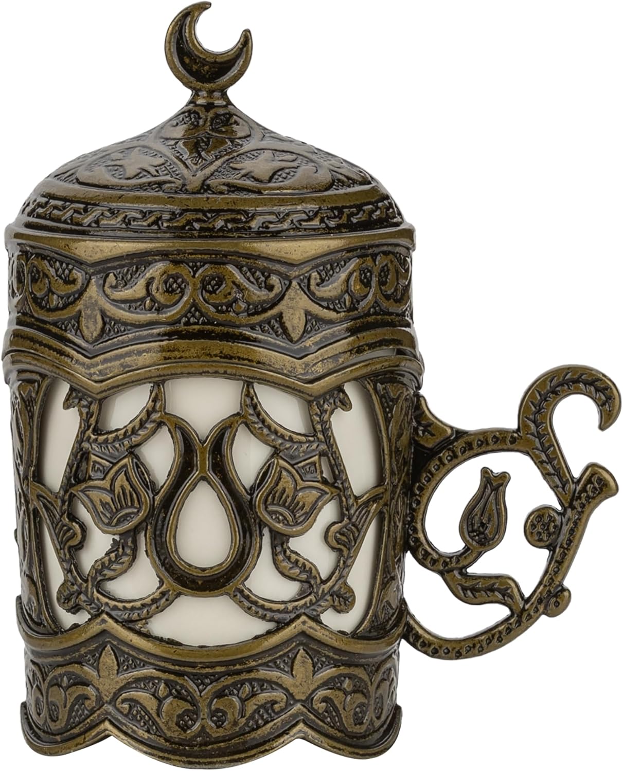 Alisveristime Ottoman Turkish Greek Arabic Espresso Coffee Cups with Saucer and Lid (Set of 2) (Hilal) (Silver)