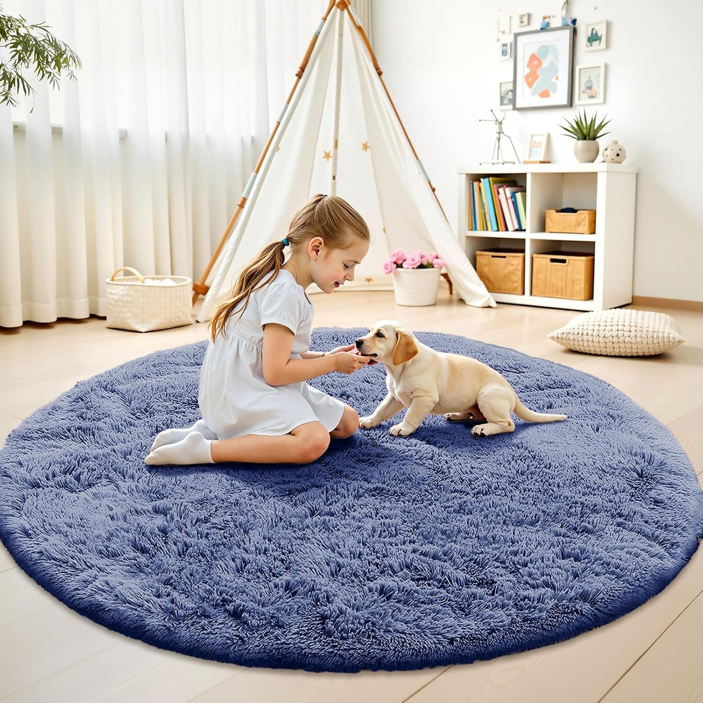 OLANLY Denim Blue Round Area Rug - Soft, Fluffy, Machine Washable 7 ft Circle Carpet for Bedroom & Living Room