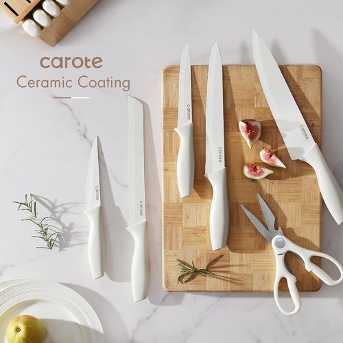 CAROTE 15-Piece Knife Set - Elegant White Ceramic-Coated Blades with Stylish Wooden Block for Modern Kitchens