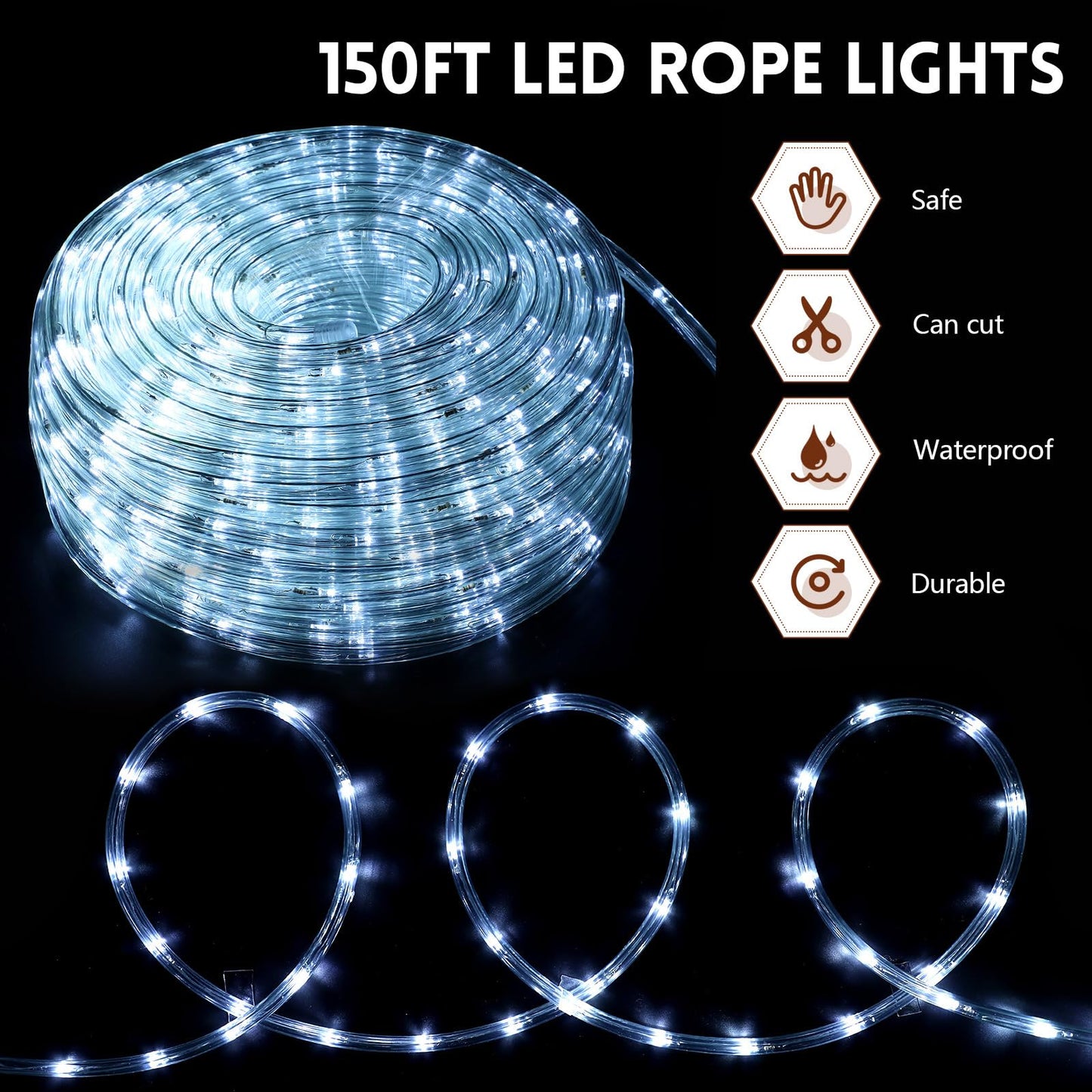 Baquler 150ft LED Rope White Lights Outdoor 810 LED Connectable and Flexible Tube Lights with 8 Modes Waterproof LED Rope Lighting for Party Holiday Garden Garden Indoor Outdoor Decoration