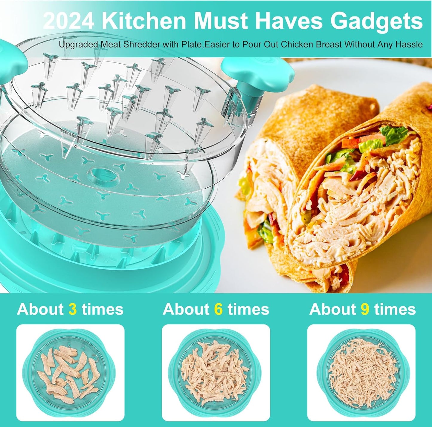 Skiennix Chicken Shredder - Manual Meat Shredder Tool with Transparent Lid & Cleaning Brush | Dishwasher Safe, Mint Green