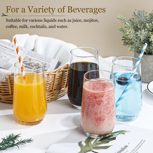 Ftystall Drinking Glasses Set of 6, 16.4oz Highball Glasses, Crystal Clear Tall Water Glasses, Glass Cups for Cocktail, Juice, Iced Tea, Mojito and Smoothies, Clear Glassware Set, Gifts