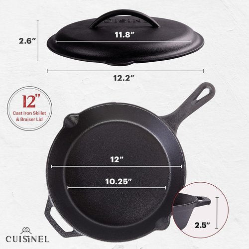 Cuisinel Cast Iron Skillet - 12-Inch Pre-Seasoned Frying Pan with Lid & Silicone Handle | Versatile Indoor/Outdoor Cookware