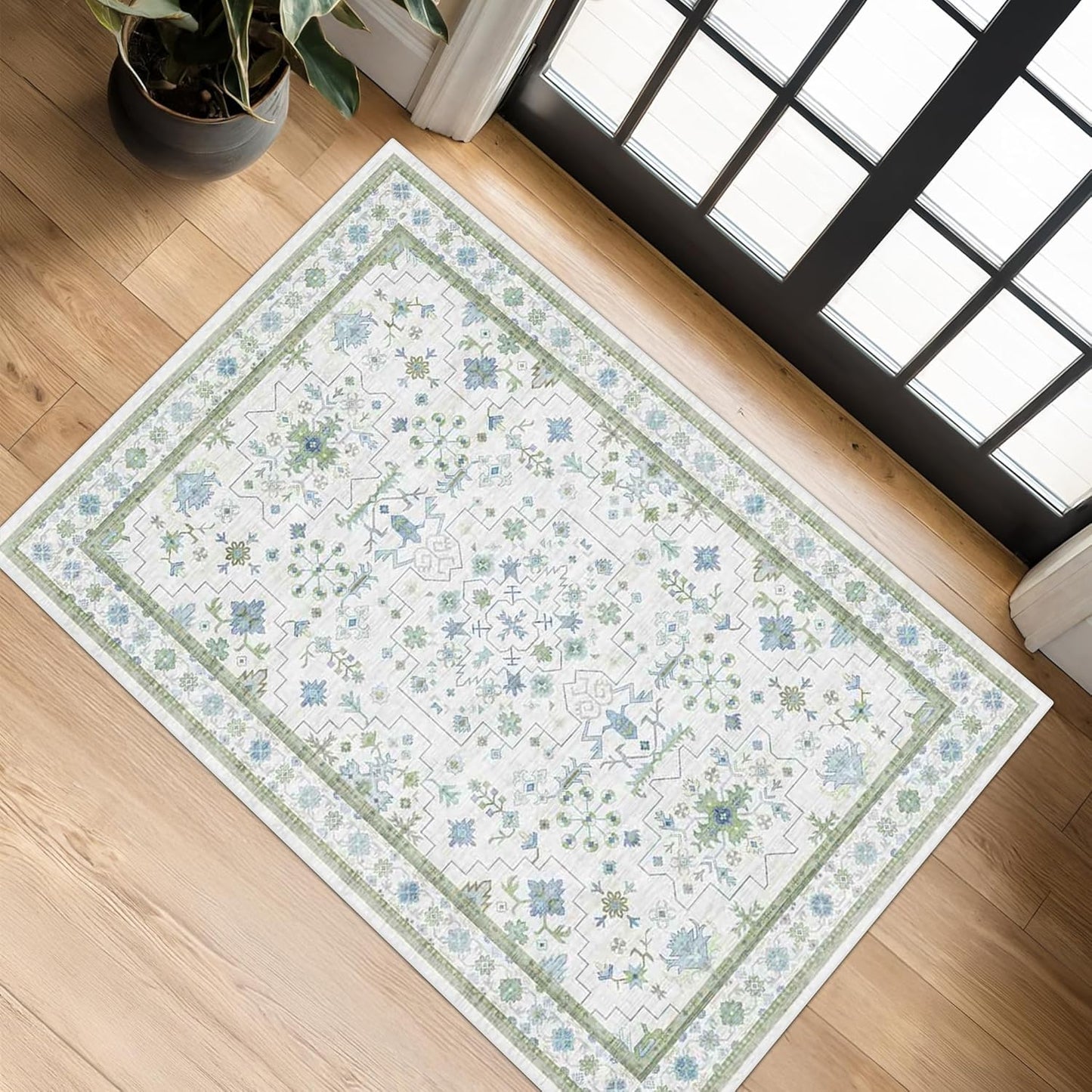 Oushak Washable Boho Bathroom Rug - Small 2x3 Area Rug in Blue and Green | Non-Slip, Stain Resistant, Low Pile