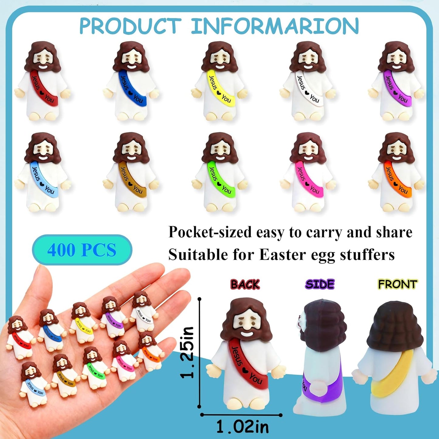 Skiennix Little Jesus Figures - 50 Pcs Mini Rubber Toys in 10 Colors for Easter Egg Stuffers & Party Favors