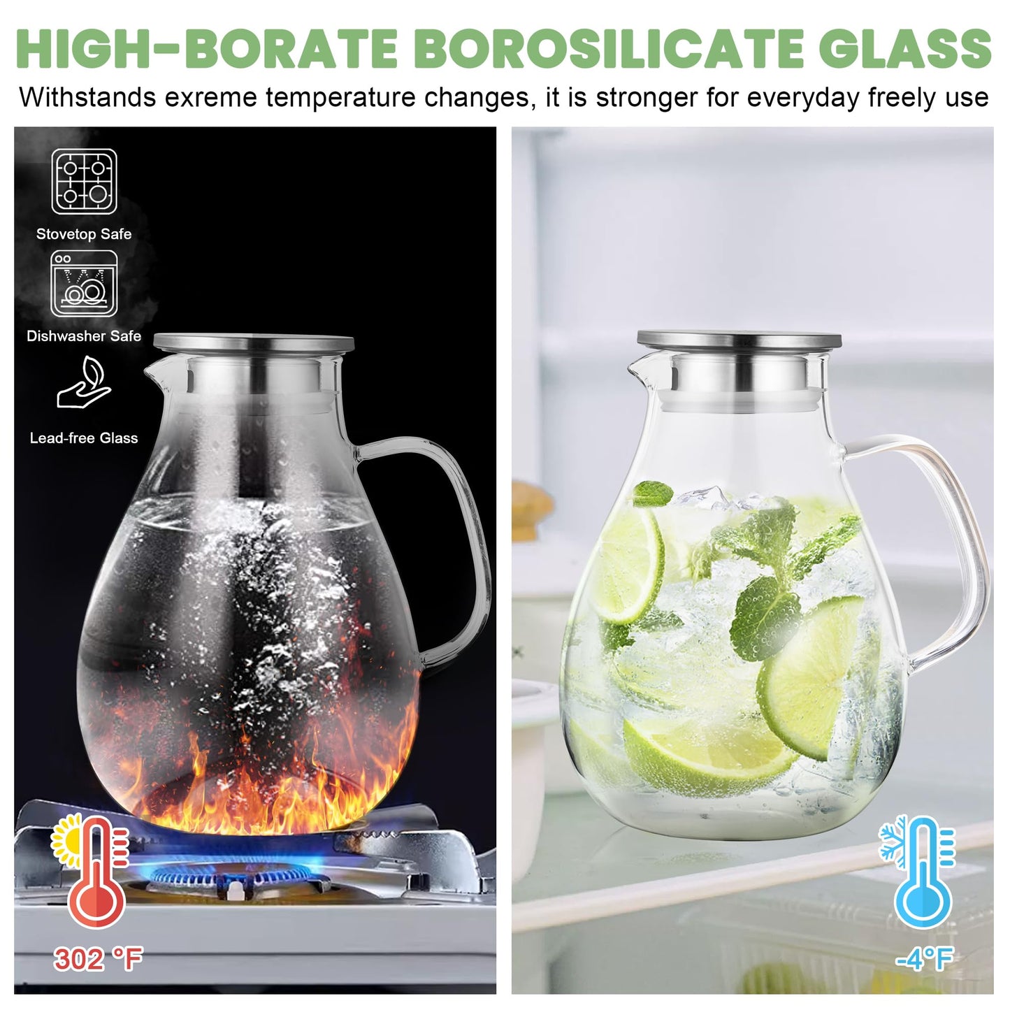 SUSTEAS 2.2 Liter 75oz Glass Pitcher, Water Pitcher with Lid And Wide Handle, Easy Clean Juice Jug for Fridge, Beverage Carafe for Cold/Hot Water, Iced Tea, 1 Long-Handled Brush Included