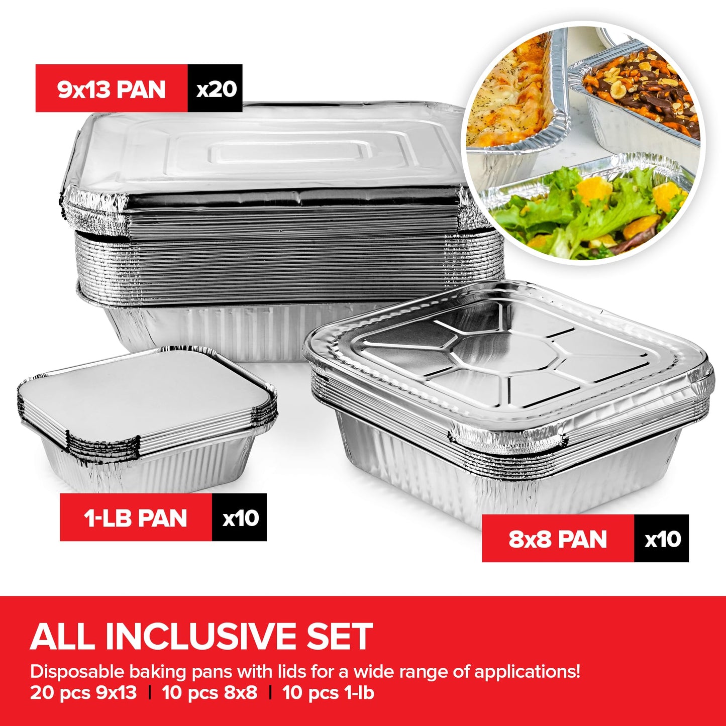 Stock Your Home Disposable Foil Pans with Lids (Set of 40) Heavy Duty Aluminum Pans with Lids (20) 9x13, (10) 8x8, (10) 1-Lb Baking Tins with Covers for Cooking, Heating, Storing, Holiday Dinner Meals
