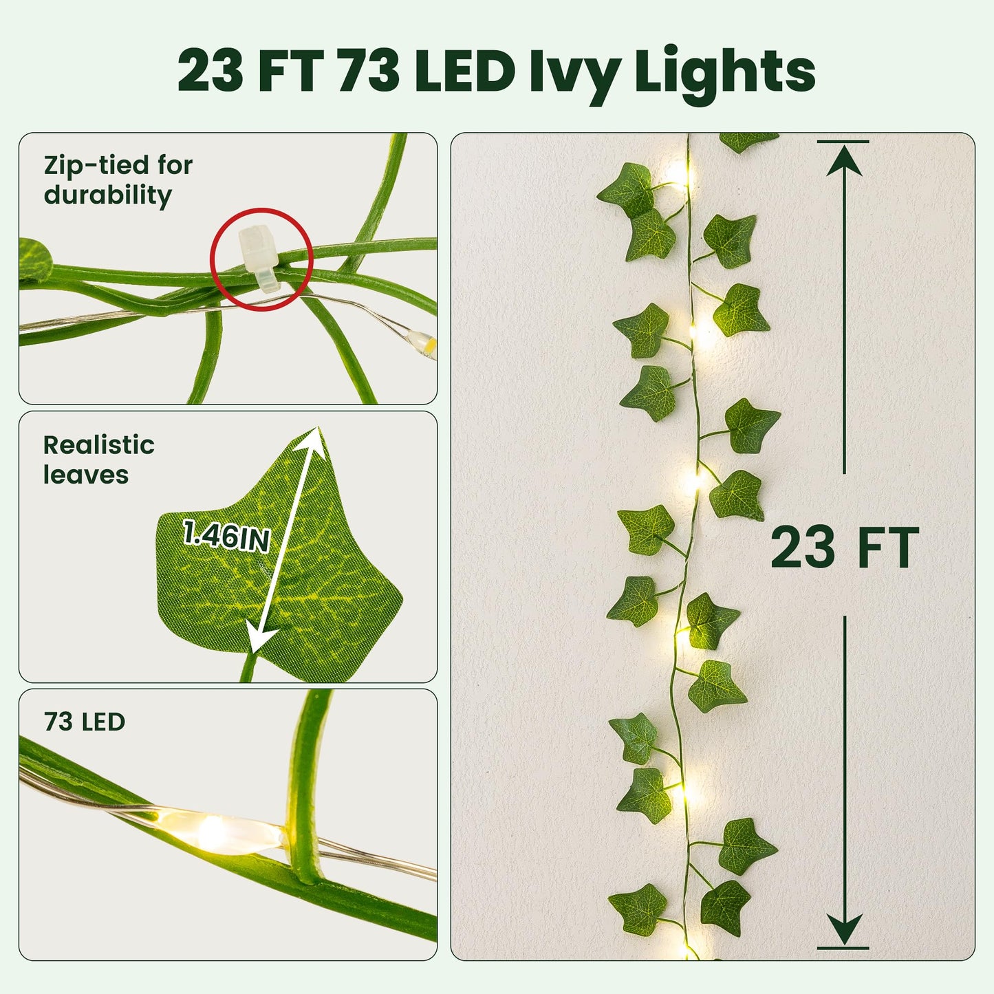 HEYFUNi Fake Ivy Vines with Lights, 23 Ft 73 Led Artificial Greenery Garland with Fairy Lights USB/Battery Operated, Leaf String Lights for Bedroom Aesthetic, Wall, Balcony, Wedding Decor, Warm White