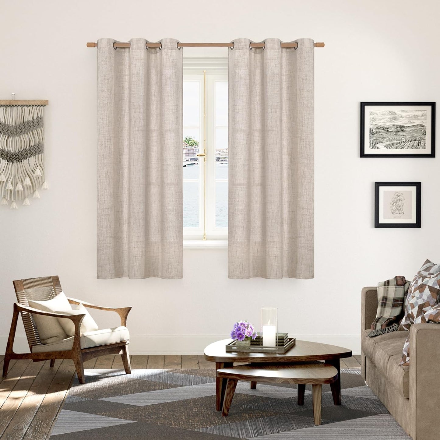 YoungsTex Natural Linen Curtains - 63 Inch Light Filtering Drapes | Beige Semi-Sheer Textured Panels (2 Pack)