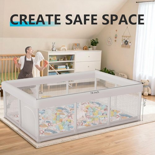 Baby Playpen - Large 74"x50" Indoor & Outdoor Play Yard with Zipper Gates and Breathable Mesh