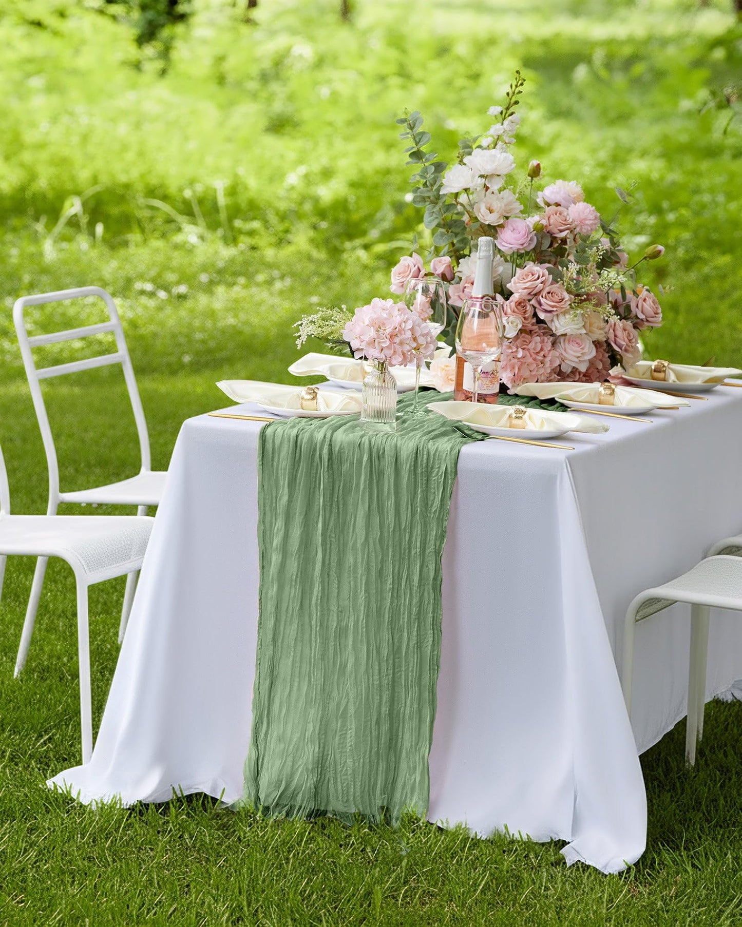 Pureegg 2-Pack Cheesecloth Table Runner, 120'' Easter Spring Boho Gauze Table Runner Decorations for Party, Baby Shower, Wedding and Farmhouse, Fabric Room Decor, Sage Green