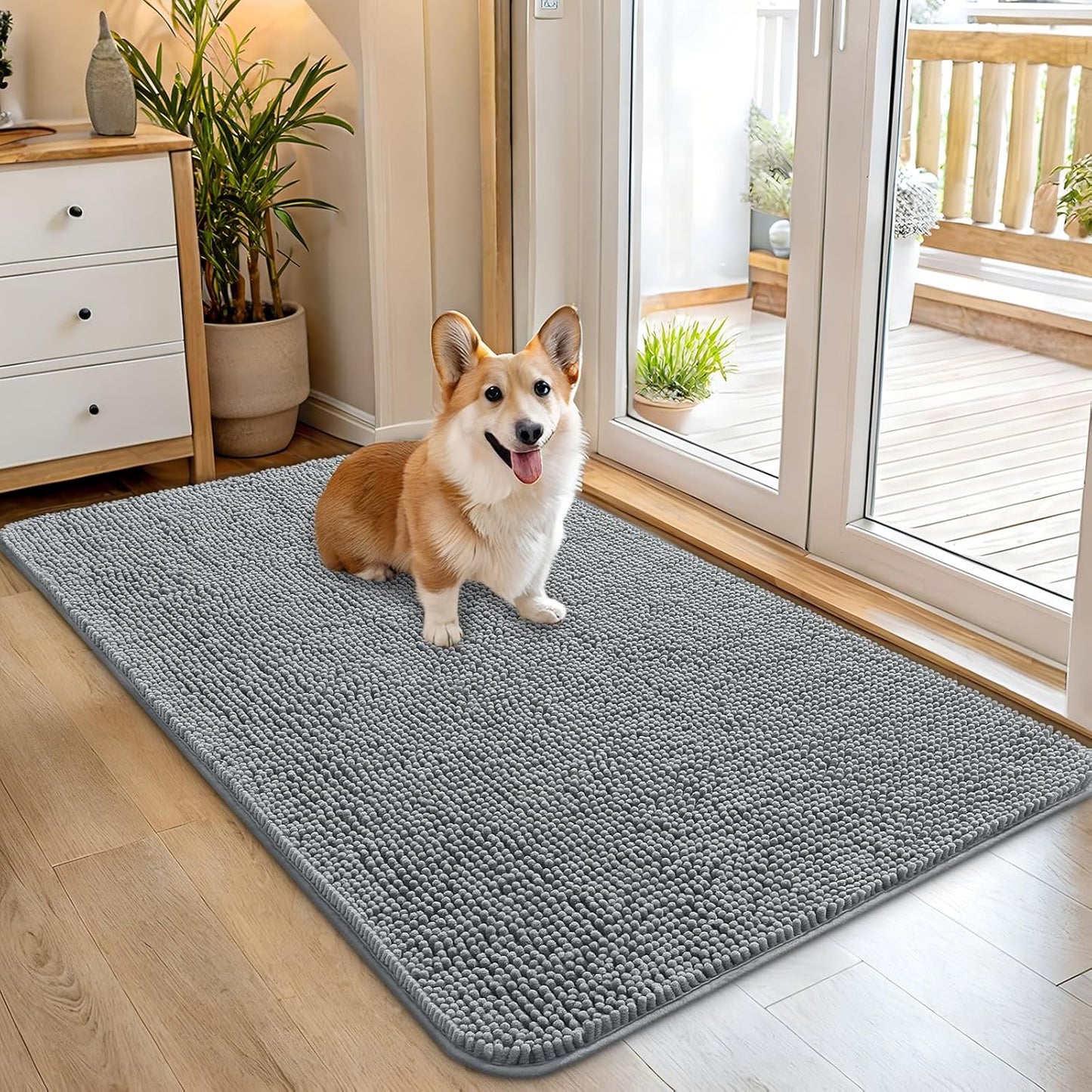 OLANLY Dog Door Mat - Absorbent Non-Slip Chenille Mat for Muddy Paws | 45x27 Inches, Grey