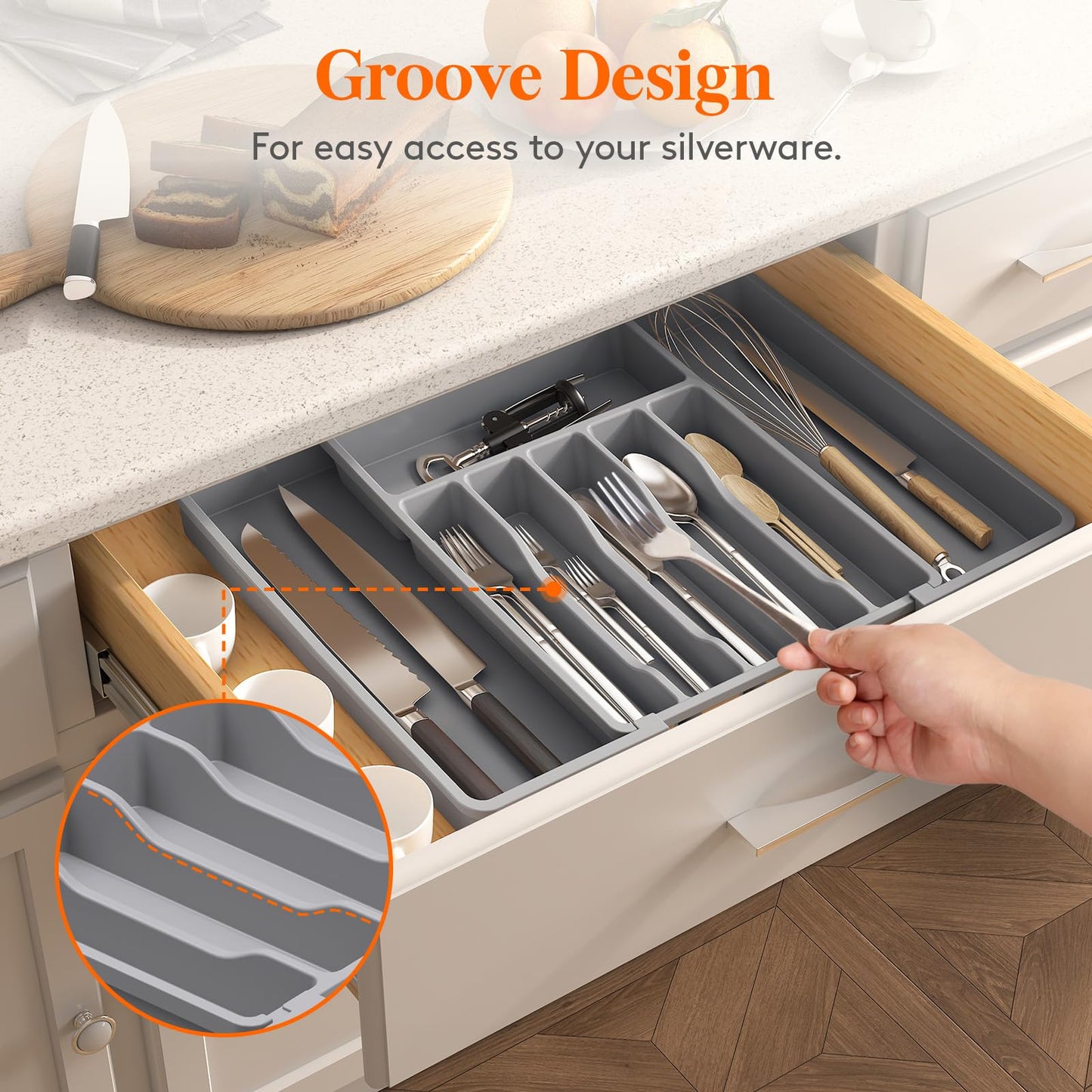 Lifewit Silverware Drawer Organizer, Expandable Utensil Tray for Kitchen, BPA Free Flatware and Cutlery Holder, Adjustable Plastic Storage for Spoons Forks Knives, 33 -57 x 42cm, Gray