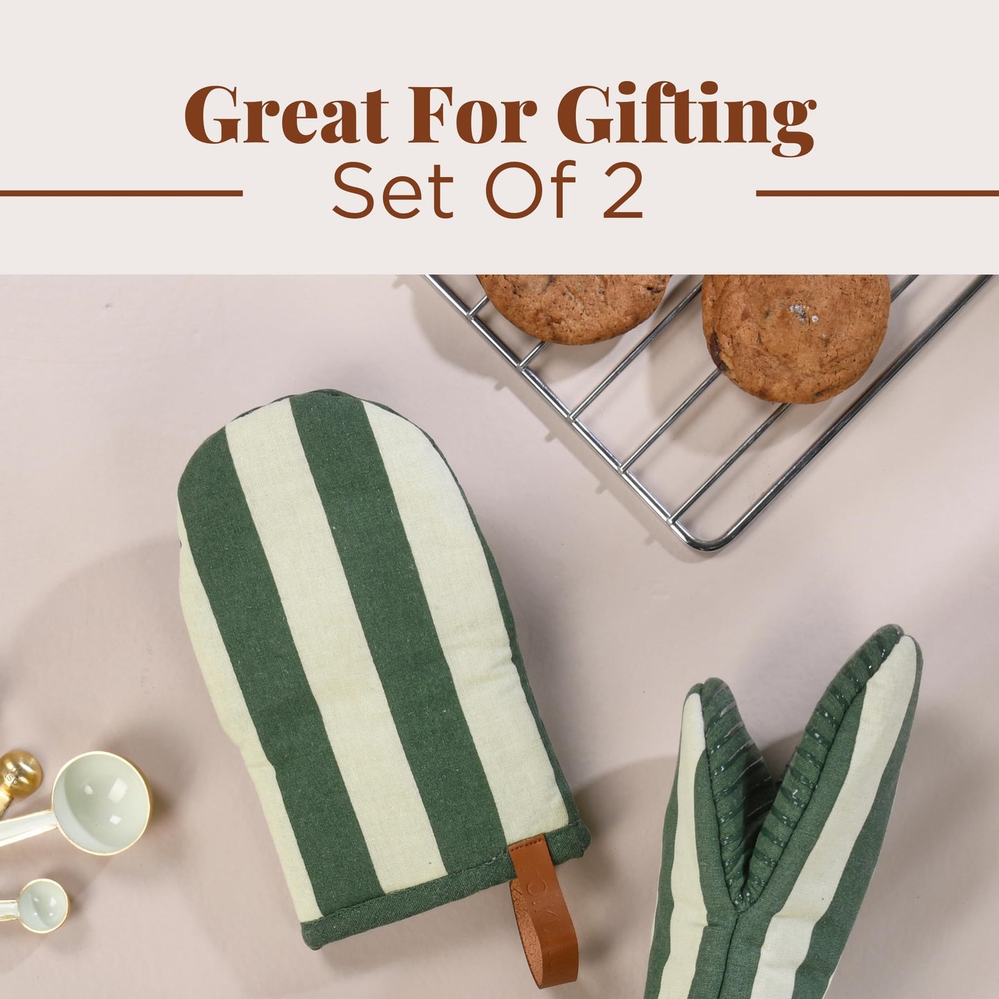 Folkulture Oven Mitts - Set of 2 (5.75"x9") | Oven Mitts with Hanging Loop for Cooking Gifts for Women, Kitchen Decor| 100% Cotton, Silicone Heat Resistant Mini Mitts - House Warming Gifts (Matcha)