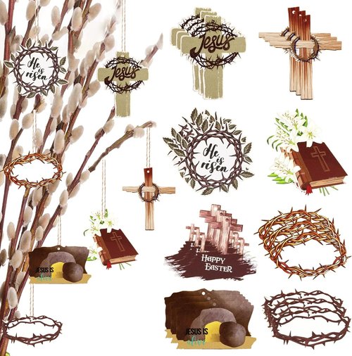 He Is Risen Wooden Signs | 24 Piece Easter Day Hanging Ornaments - Crown of Thorns & Jesus Cross Decor