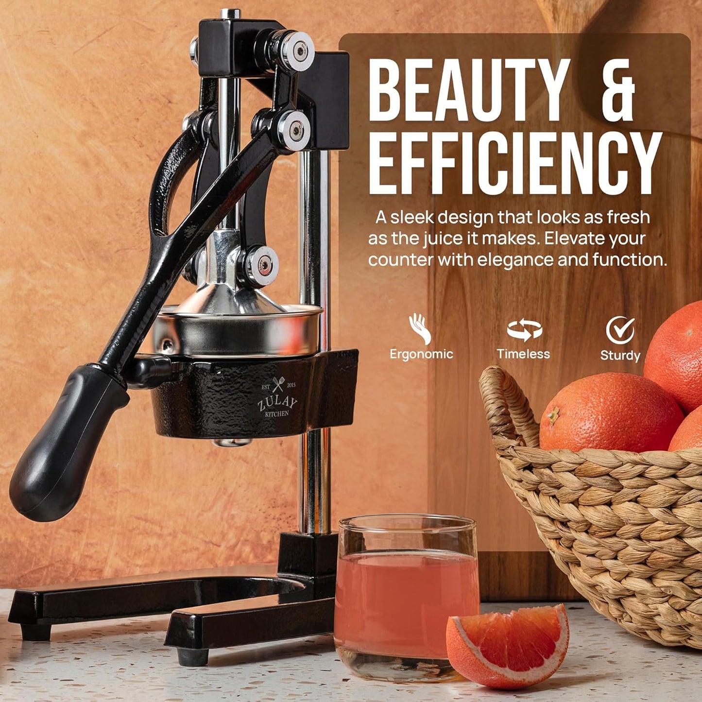 Zulay Kitchen Cast Iron Juicer - Heavy-Duty Manual Citrus Press for Easy Cleaning | Black Stainless Steel
