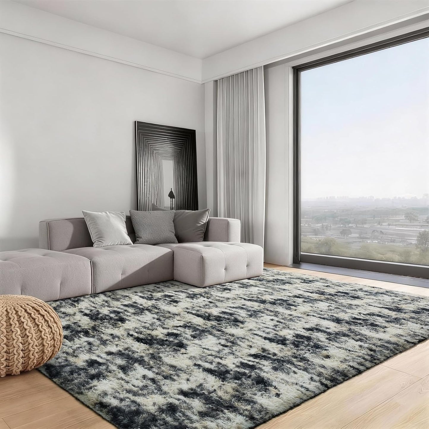 Ophanie Area Rugs - Fluffy Black, Gold & Grey Shag Carpet for Living Room | 9x12 Soft Plush Design