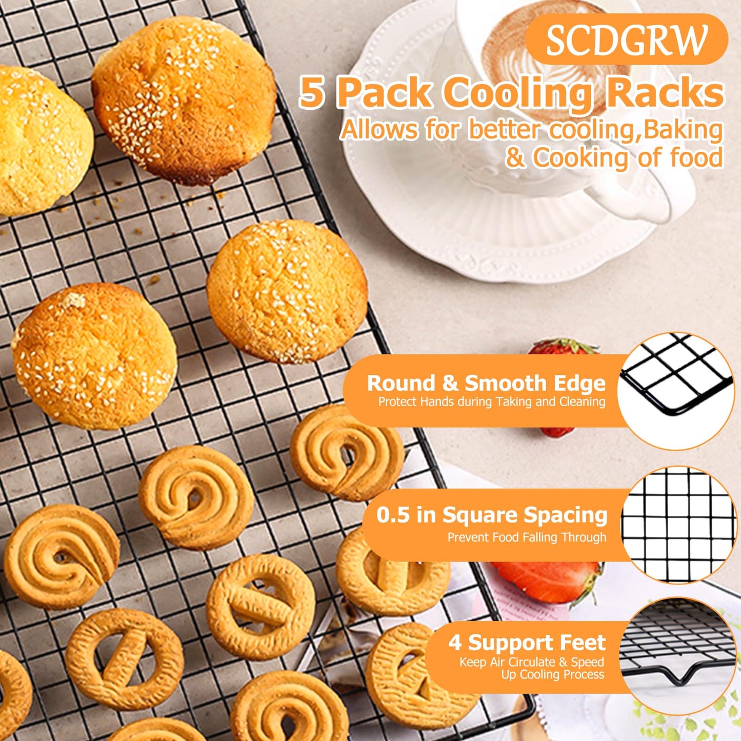 SCDGRW 5PCS Cooling Racks for Cooking and Baking 10" x 16" Wire Rack Baking Rack, Cookie Rack, Heavy Duty Metal Wire Rack for Grilling, Roasting, Cooking, Drying,Oven Safe Dishwasher Safe