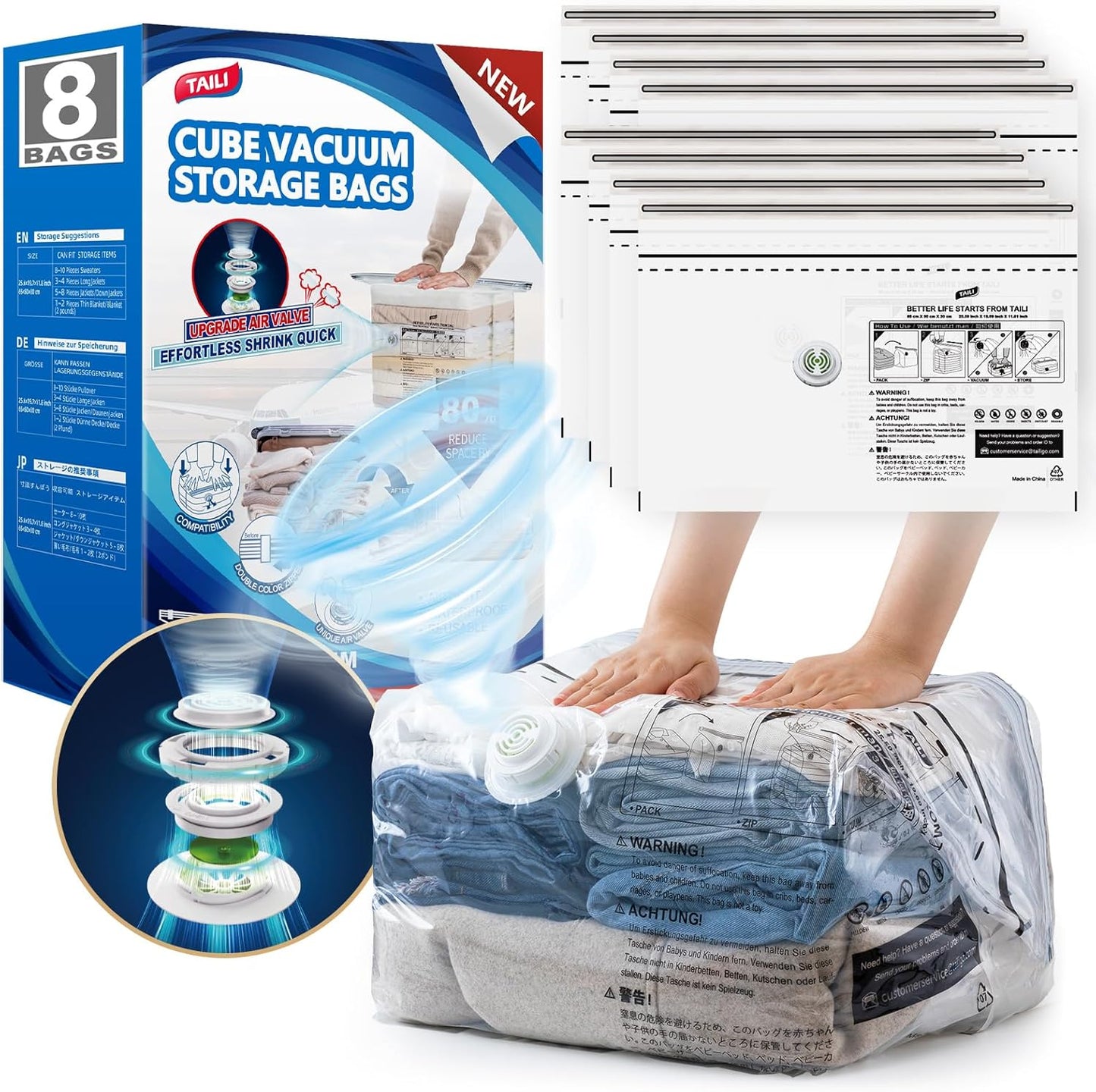 TAILI Vacuum Storage Bags - 8 Pack Medium Size (25x19x11 Inch) for Clothing & Blankets