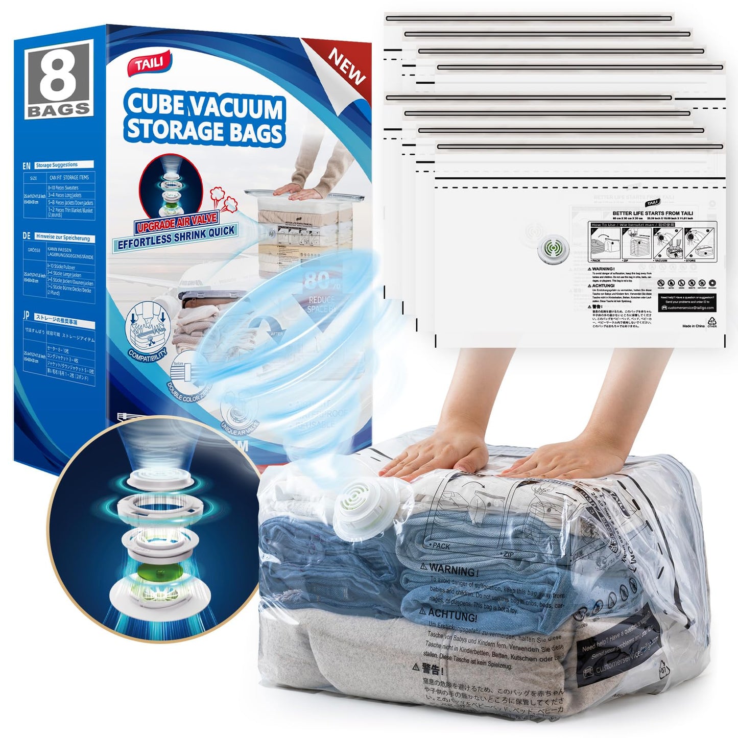 TAILI 8 Pack Cube Vacuum Storage Bags, Medium Size (25x19x11 inch), Vacuum Seal Bags for Clothing, Compression Packing for Clothes, Blankets, Baby Clothes