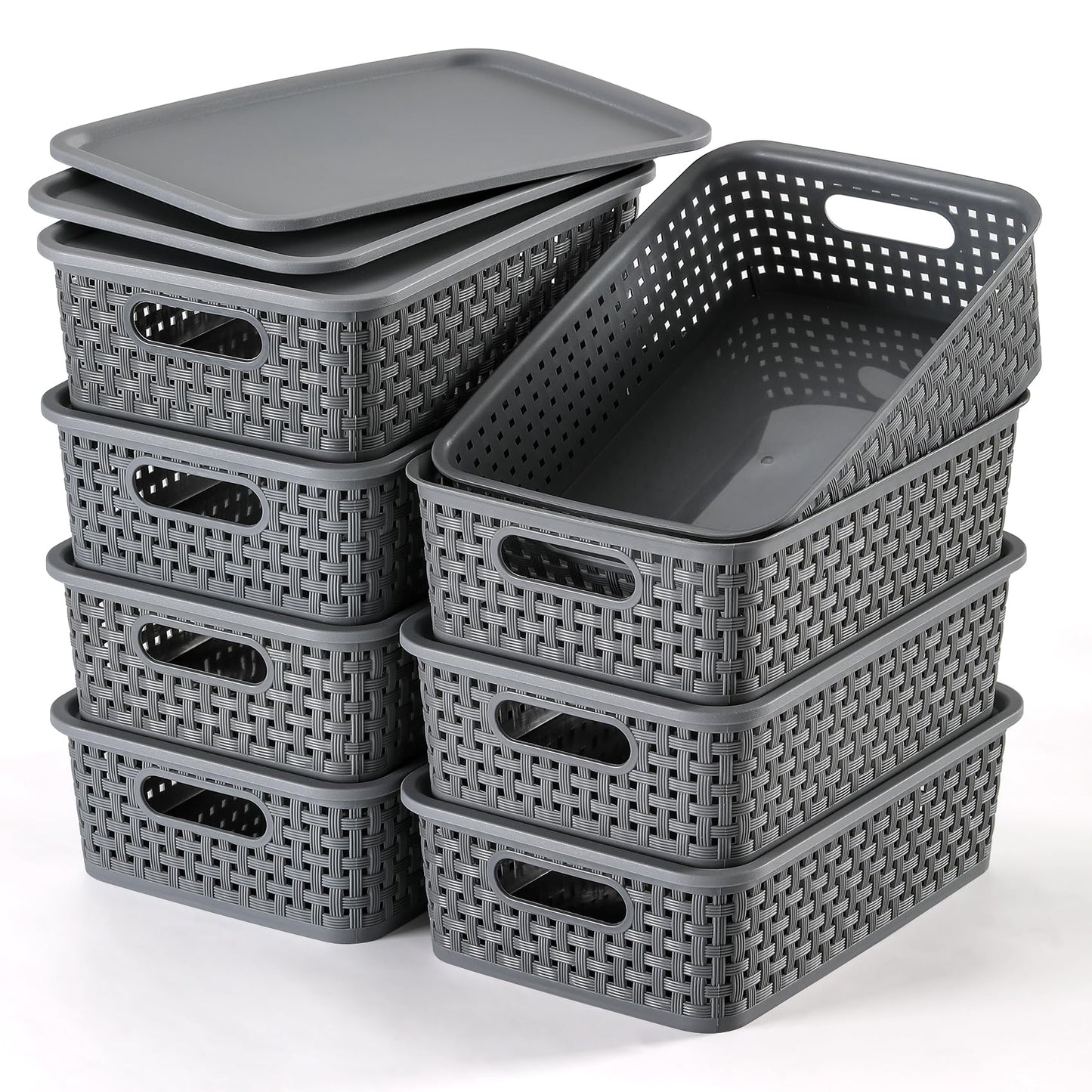 NETANY [ 8 Pack ] Plastic Storage Baskets With Lids, Small Pantry Organization, Stackable Storage Bins, Household Organizers for Cabinets, Countertop, Drawers, Under Sink or On Shelves,Gray