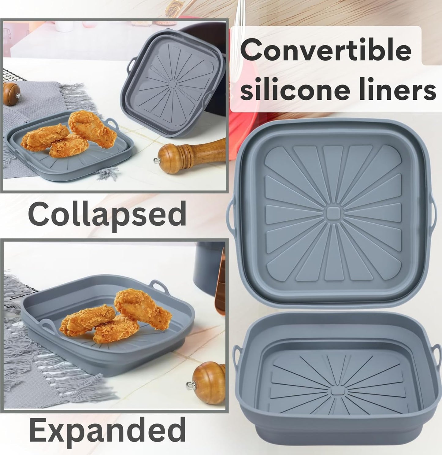 SAMIA 8 Inch Silicone Air Fryer Liners Set - 4 Reusable Non-Stick Liners with Basting Brush & Food Tong