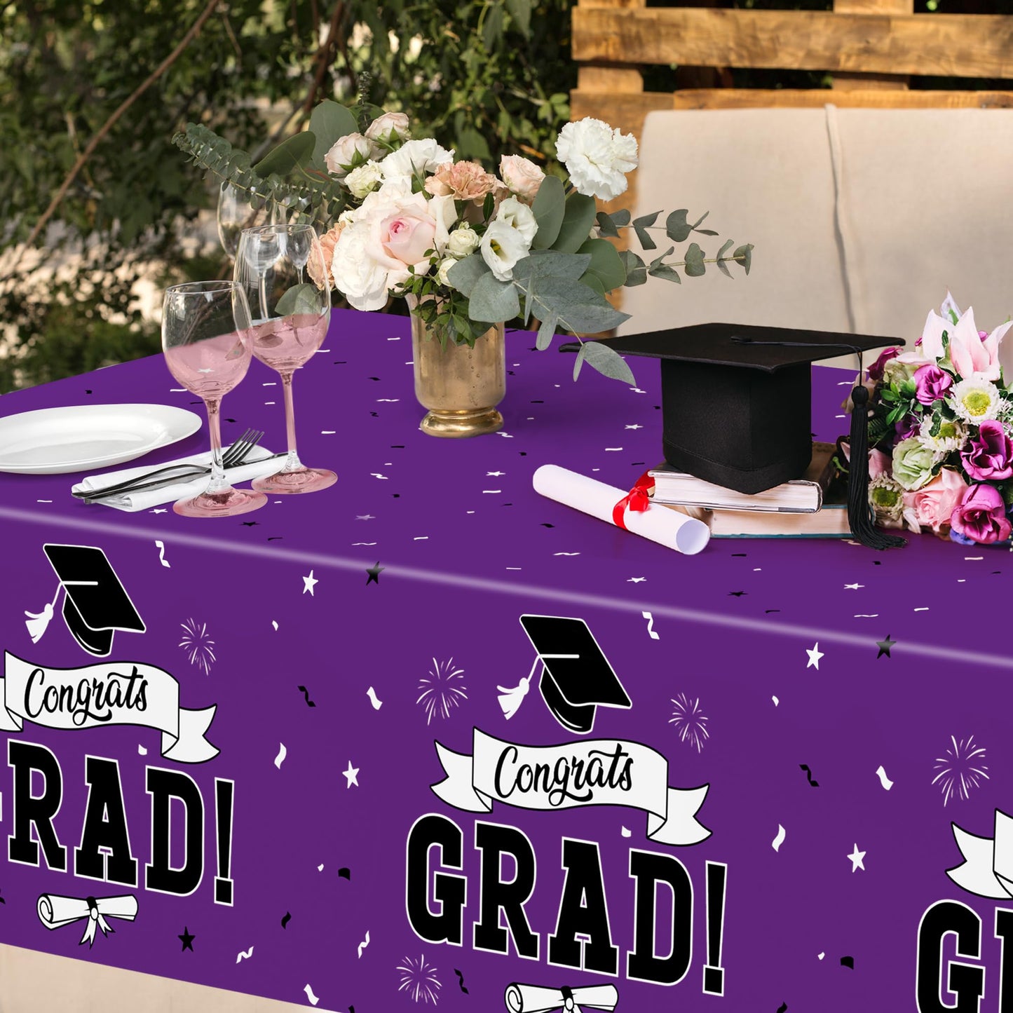 QZYL 2 Pcs Graduation Tablecloth, 108" X 54" Plastic Graduation Decorations 2026, Rectangle Purple Table Cloths for Grad Decor Party Supplies, Disposable Tablecover for Class of 2026 Congrats Grad
