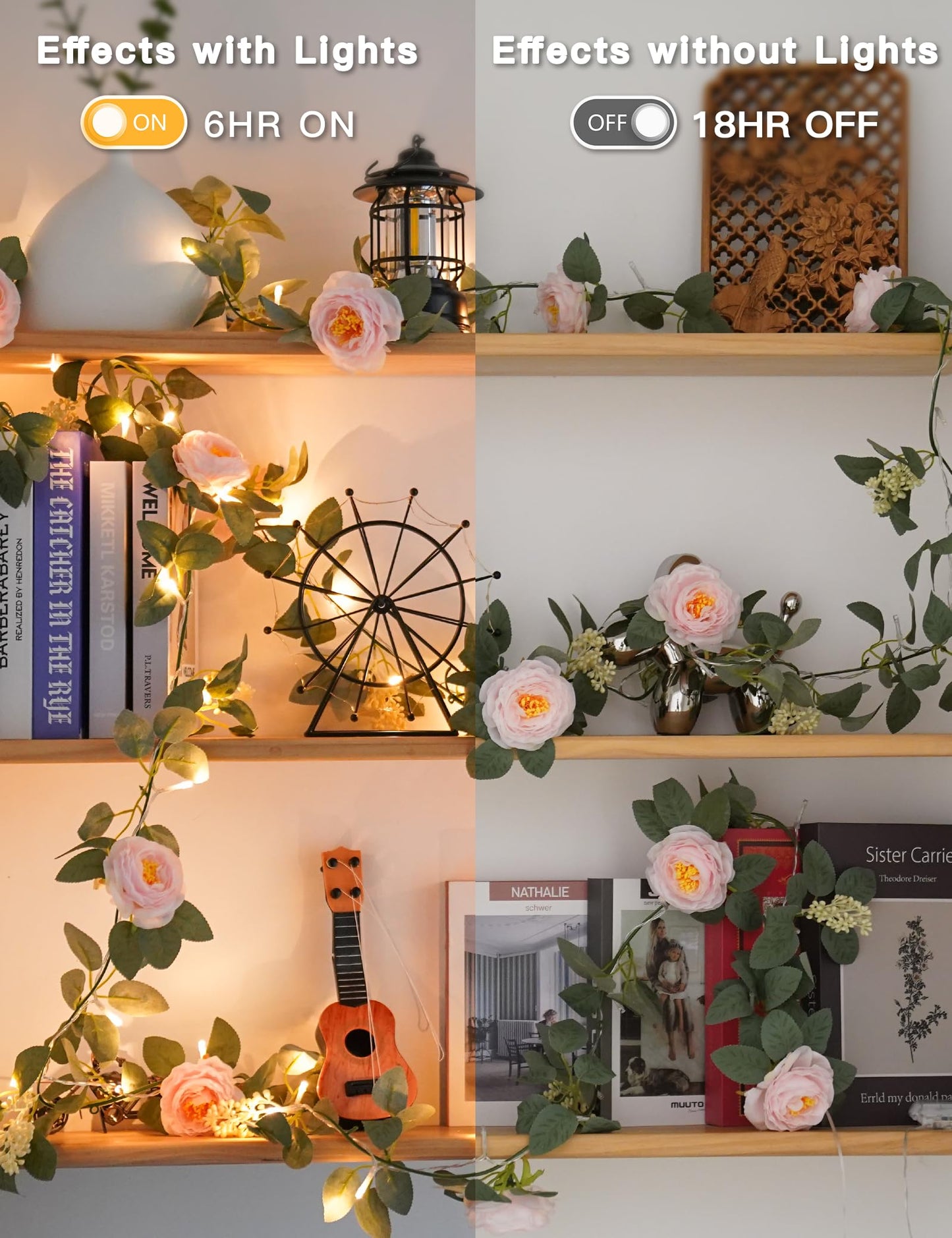 suddus Flower Garland with Pink Camellia Fairy Lights Indoor, 60 LED Vines String Lights Battery Operated with Remote, Artificial Fake Flowers Leaf Lights for Wedding,Bedroom,Centerpieces,Arch Decor
