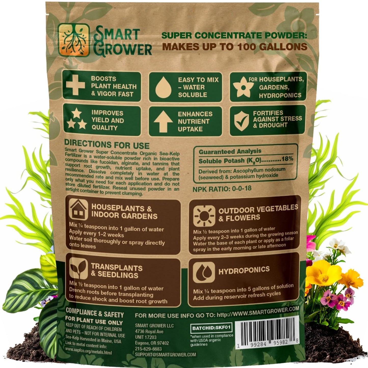 Smart Grower Organic Sea Kelp Fertilizer - Water-Soluble Plant Food for Indoor Gardens | 4oz Bag Makes 100 Gallons