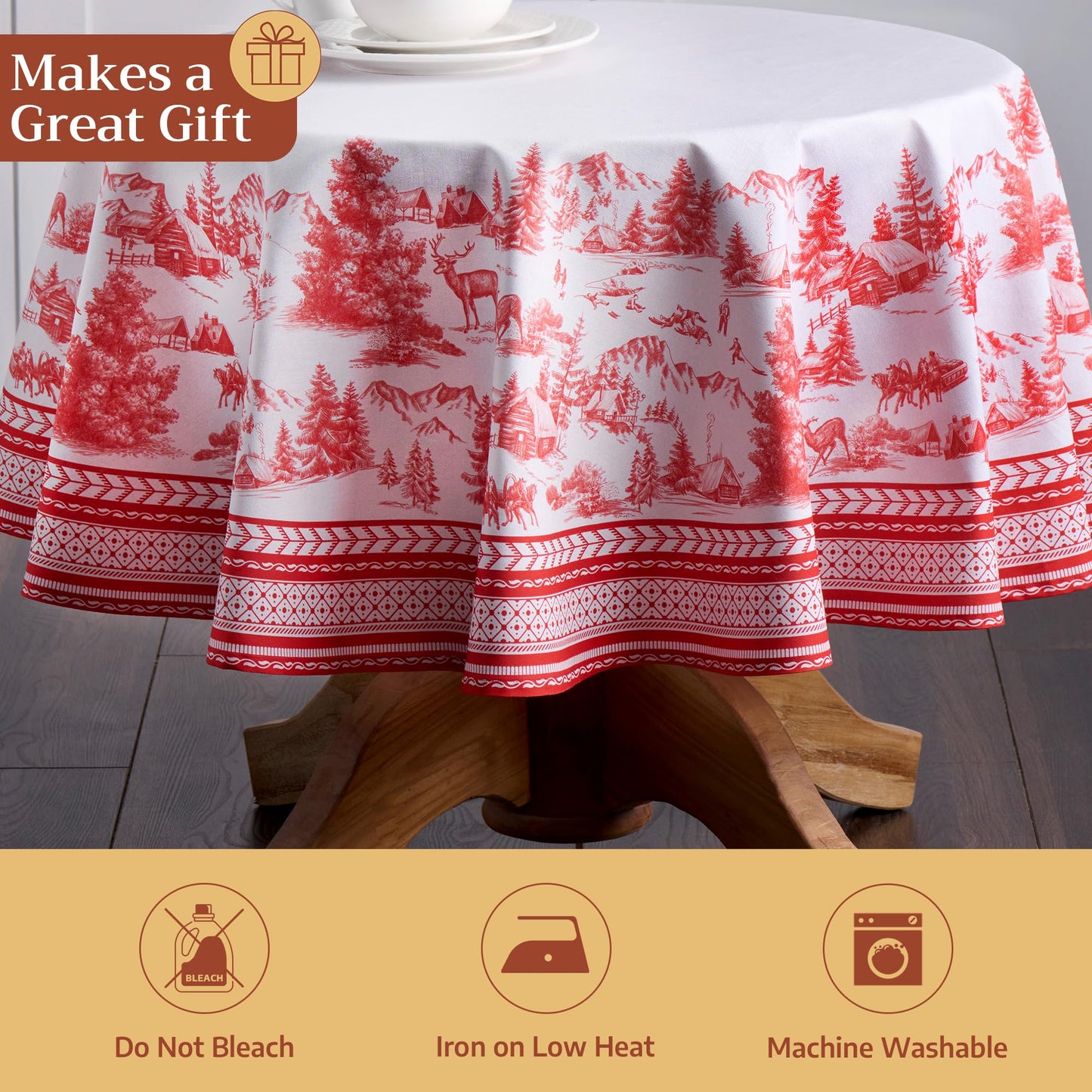 Maison d' Hermine Table Cloth Round Table 100% Cotton 63 Inches Fall Tablecloth Reusable Everyday Use for Thanksgiving Christmas Decorations Dining Farmhouse Party (Winter Jouy)