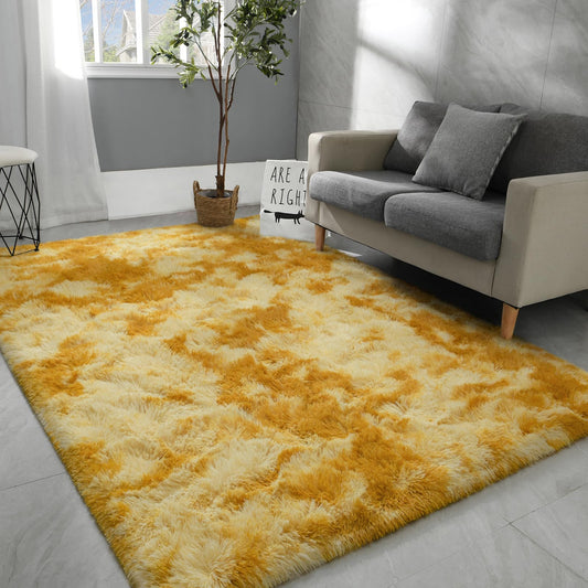 Hutha 5x8 Large Area Rugs for Living Room, Super Soft Fluffy Modern Bedroom Rug, Tie-Dyed Orange Yellow Indoor Shag Fuzzy Carpets for Girls Kids Nursery Room Home Decor