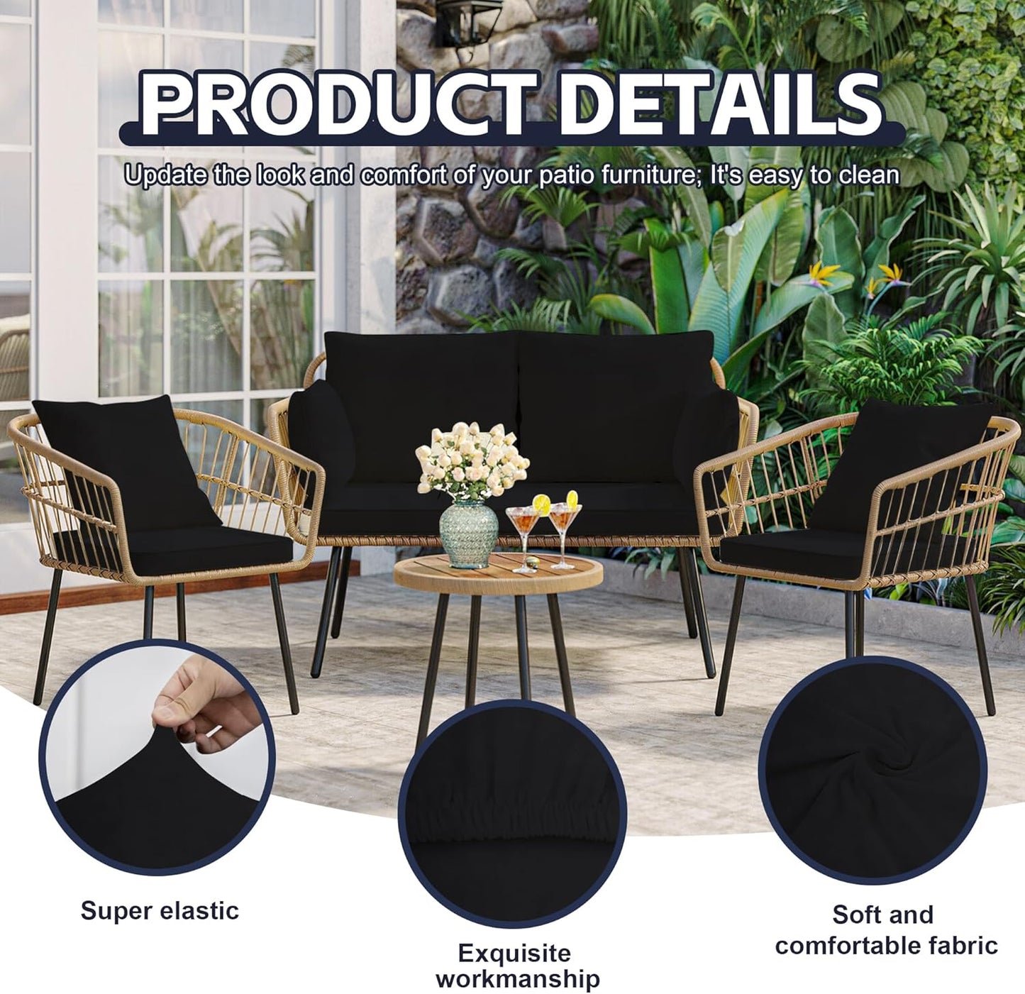 Skiennix 8Pcs Patio Cushion Covers - Washable & Reusable Outdoor Furniture Protectors (Black)