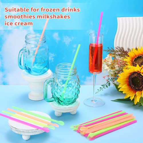 Eaasty 1000 Pcs Snow Cone Spoon Straws, Flexible Plastic Flexible Disposable Drinking Straws, Disposable Plastic Sip Stir Sticks (Yellow,Green,Orange,Rose Red)