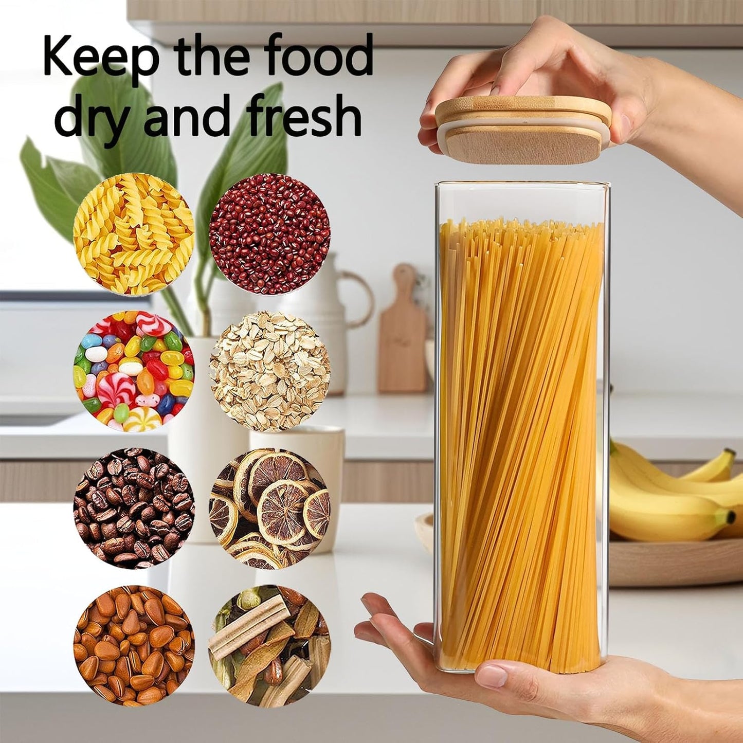 VIEWELLD 2.2 Qt Square Glass Storage Containers - Clear Food Jars with Bamboo Lids | Set of 3 for Pasta, Oats, Coffee, Flour, Sugar