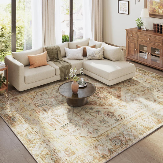 TECHMILLY 5x7 Washable Area Rug, Boho Rugs for Living Room, Soft Indoor Rug with Non Slip Backing, Stain Resistant Vintage Accent Rugs for Bedroom, Low Pile Durable Rugs for Dining Room