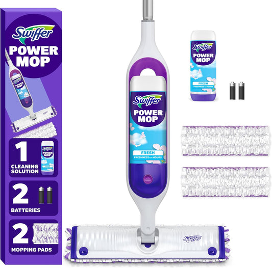 Swiffer PowerMop Multi-Surface Mop Kit - Fresh Scent Cleaning Solution & 2 Mopping Pad Refills